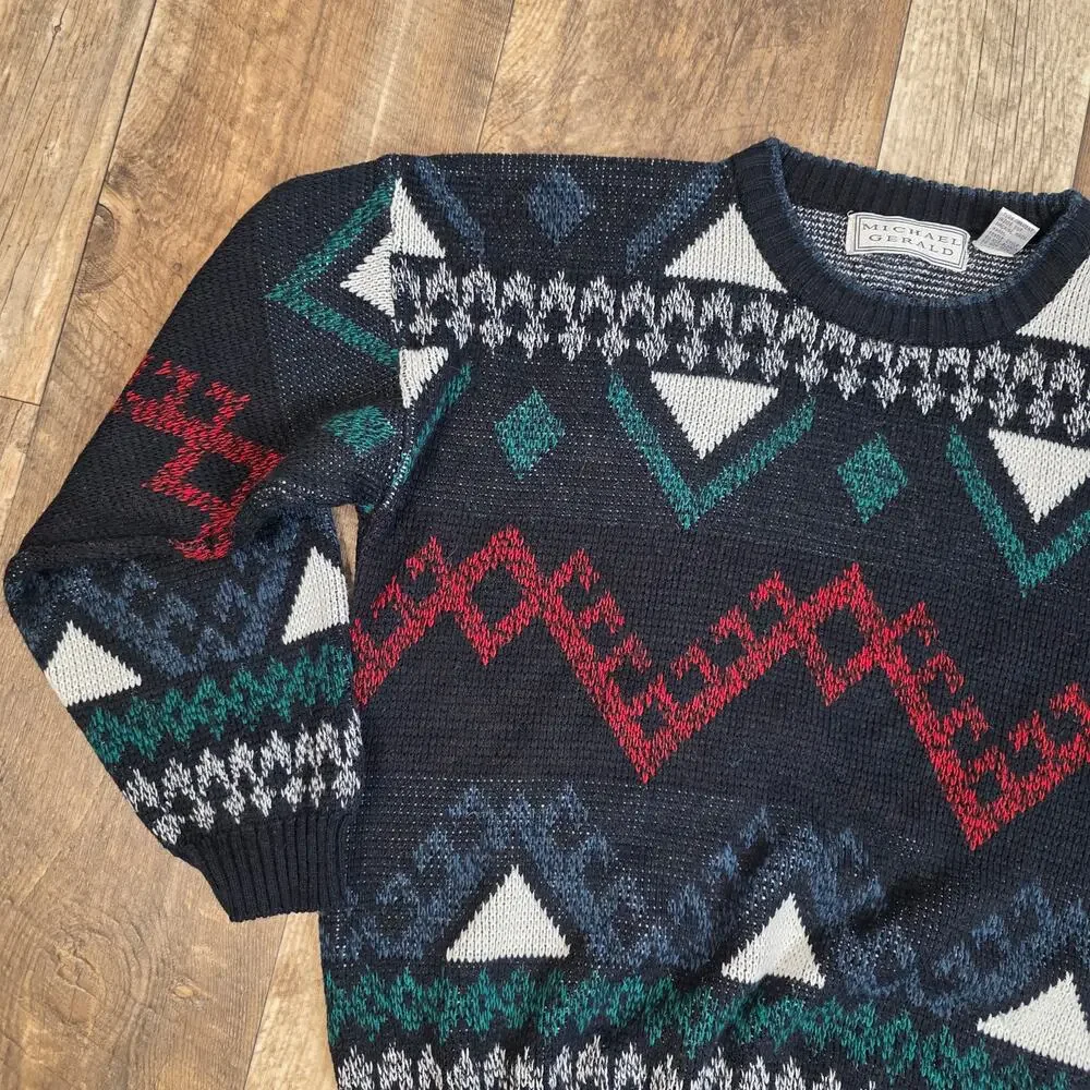 Vintage Grandpa Crew Neck Sweater Geometric Stripped Size Large Dark Academia